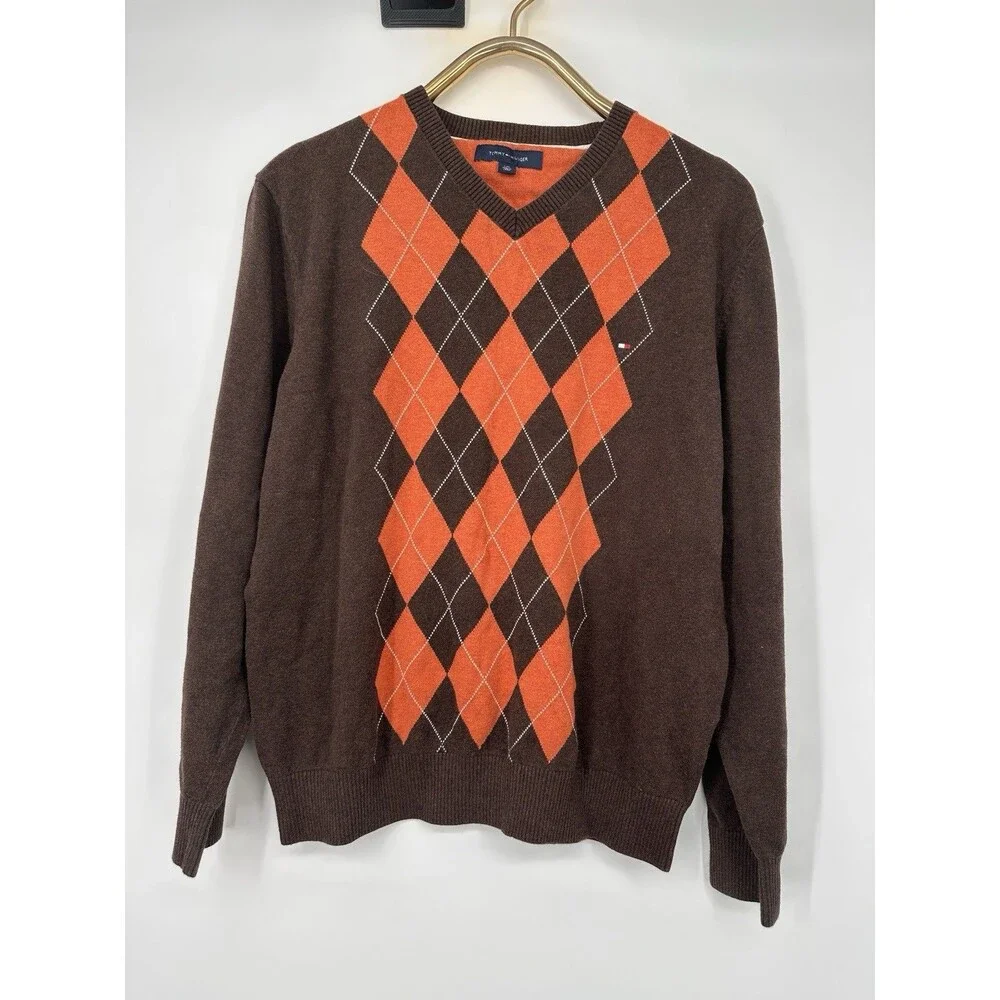 Vintage TOMMY HILFIGER MEN'S‎ PULLOVER Sweater Brown Orange Long Sleeve V-NECK